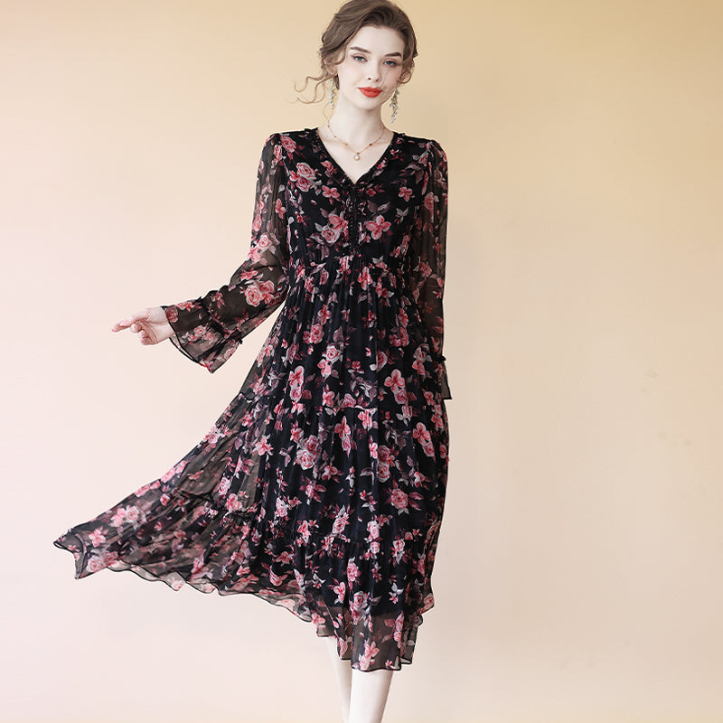 Black Floral V Neck Long Sleeve Empire A Line Long Silk Dress SD076   Luxurysilkpjs