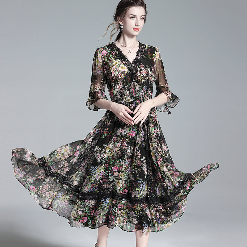 Black Lace Mulberry Silk Chiffon Dress V-neck Pink Floral Beach Dress –  Luxurysilkpjs