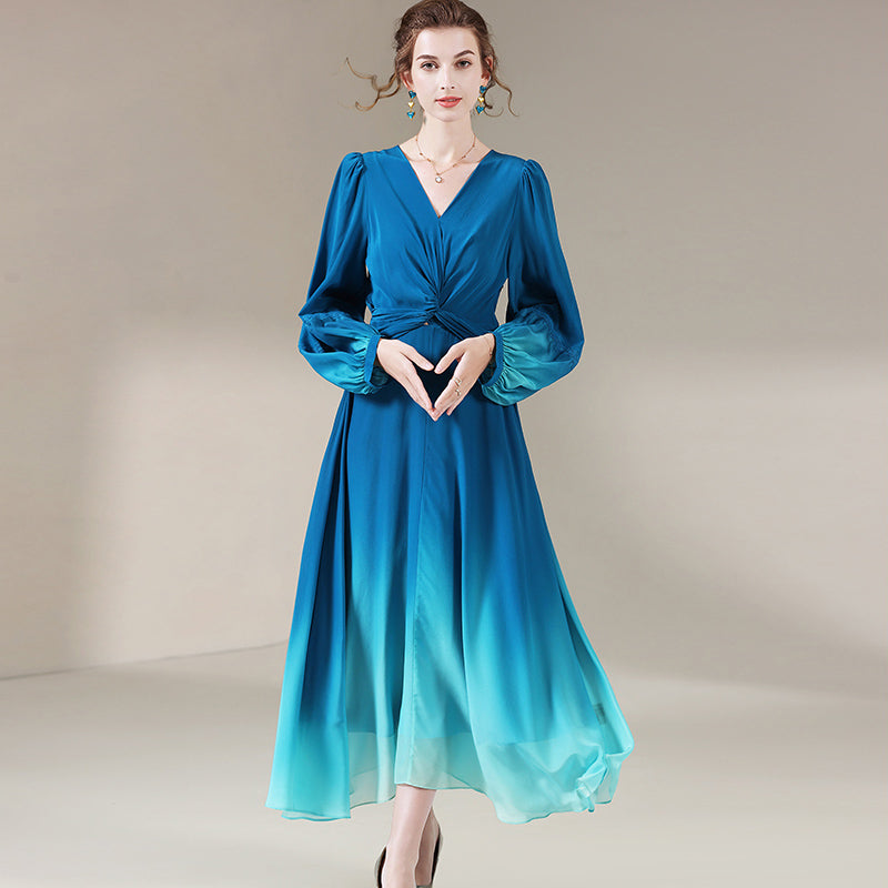 fitted lace wedding dress Blue Ombre Long Sleeve V Neck Luxury Long Mulberry Silk Dress SD061 –  Luxurysilkpjs