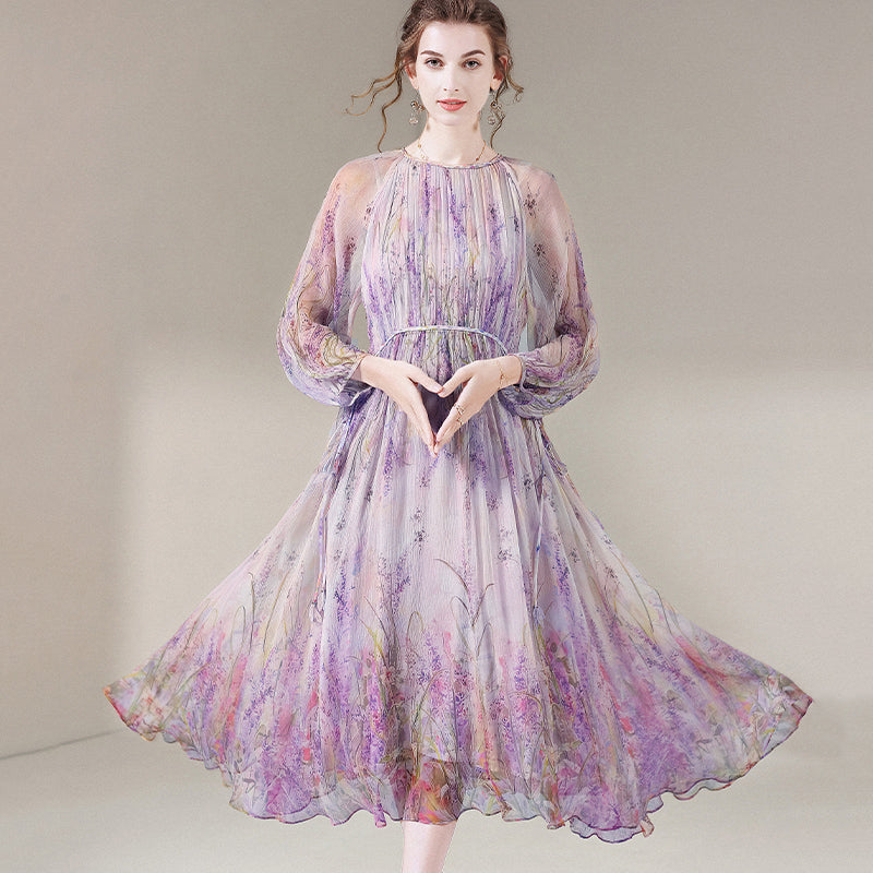 Delicate Purple Floral Semi-Sheer Long Sleeve Pure Mulberry Silk Dress Luxurysilkpjs Delicate Purple Floral Semi-Sheer Long Sleeve Pure Mulberry Silk Dress Luxurysilkpjs