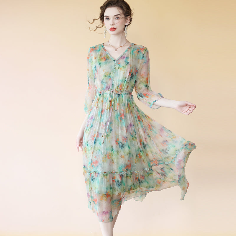Fancy Floral Light Green V Neck Flowy High Tea Silk Dress SD073 Luxurysilkpjs Fancy Floral Light Green V Neck Flowy High Tea Silk Dress SD073 Luxurysilkpjs