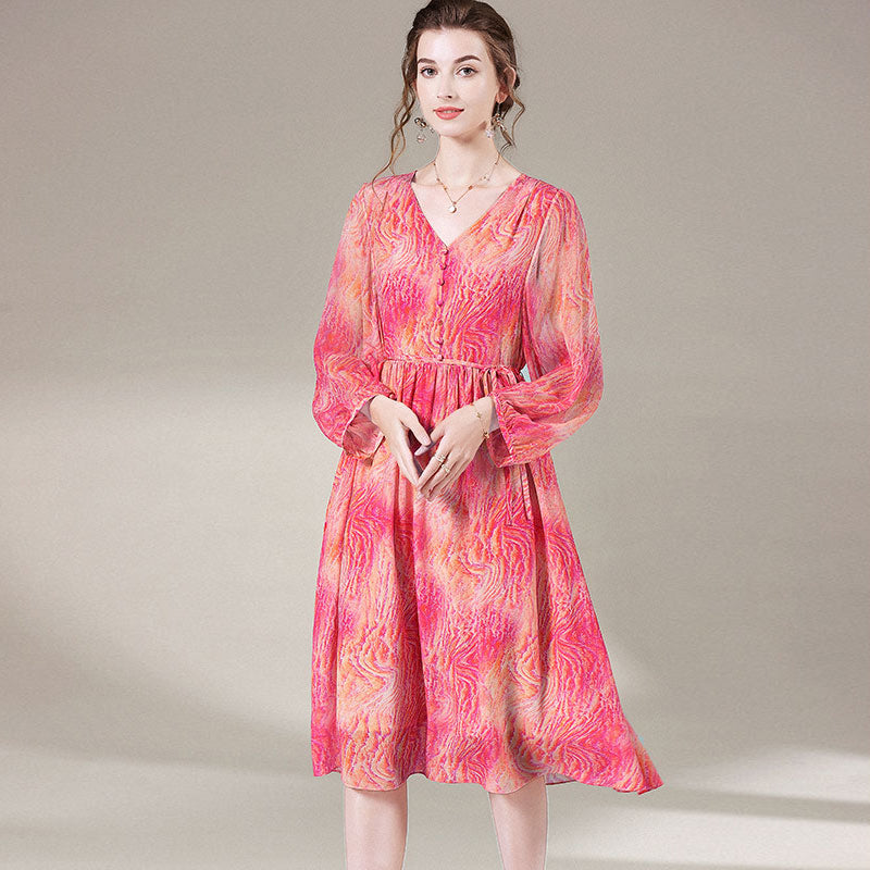 Coral Red Printed Long Sleeve V Neck Empire Waist Knee Length 100% Sil Luxurysilkpjs Coral Red Printed Long Sleeve V Neck Empire Waist Knee Length 100% Sil Luxurysilkpjs