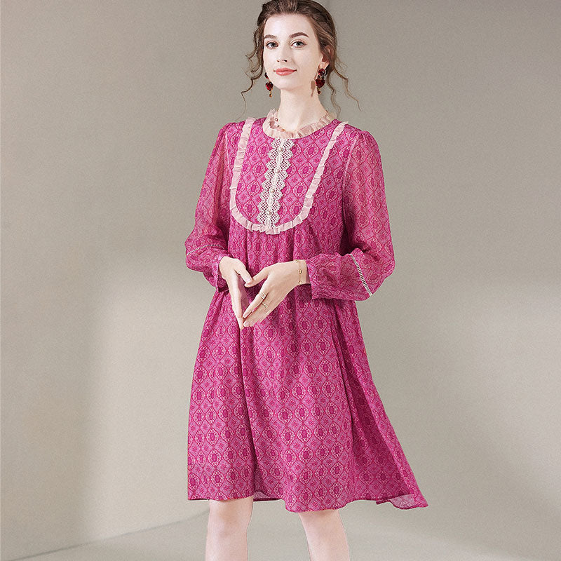 Purple Printed Women Long Sleeve Knee Length Mulberry Silk Dress SD063   Luxurysilkpjs