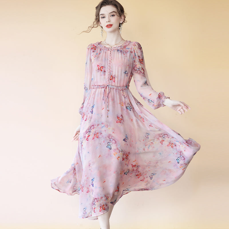 butterfly print long sleeve dress Romantic Pastel Pink Butterfly Print Long Silk Dress SD095 – Luxurysilkpjs