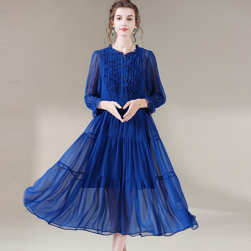 Royal Blue Empire Waist Semi-Sheer Pure Mulberry Silk Chiffon Dress SD Luxurysilkpjs Royal Blue Empire Waist Semi-Sheer Pure Mulberry Silk Chiffon Dress SD Luxurysilkpjs