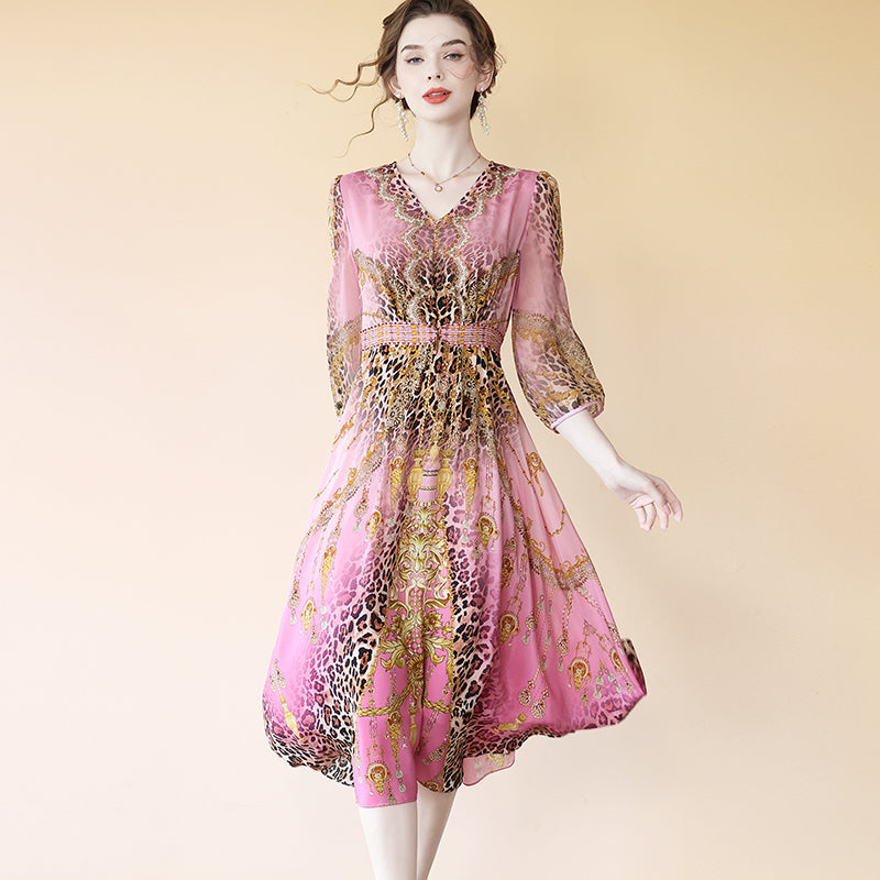 Sexy V-neck Hot Pink Leopard Printed Silk Midi Dress SD075 – Luxurysilkpjs