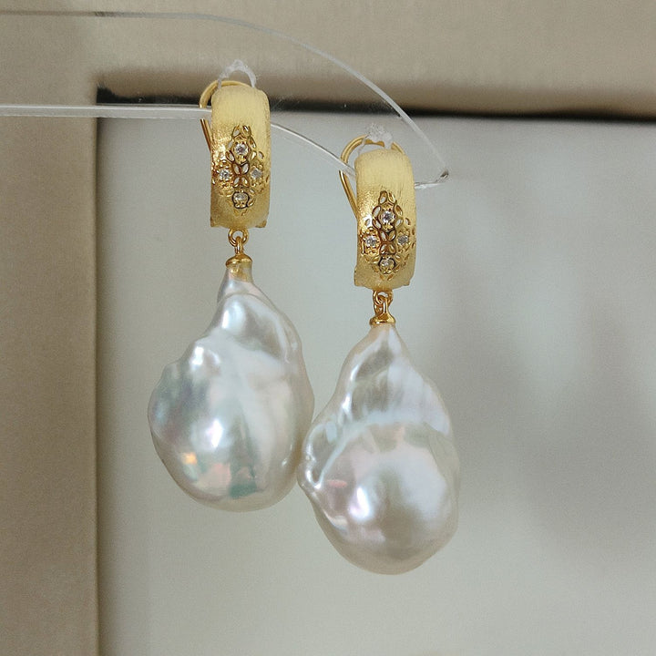 20mm Real Baroque Freshwater Pearl Drop Earrings with Textured Gold Studs