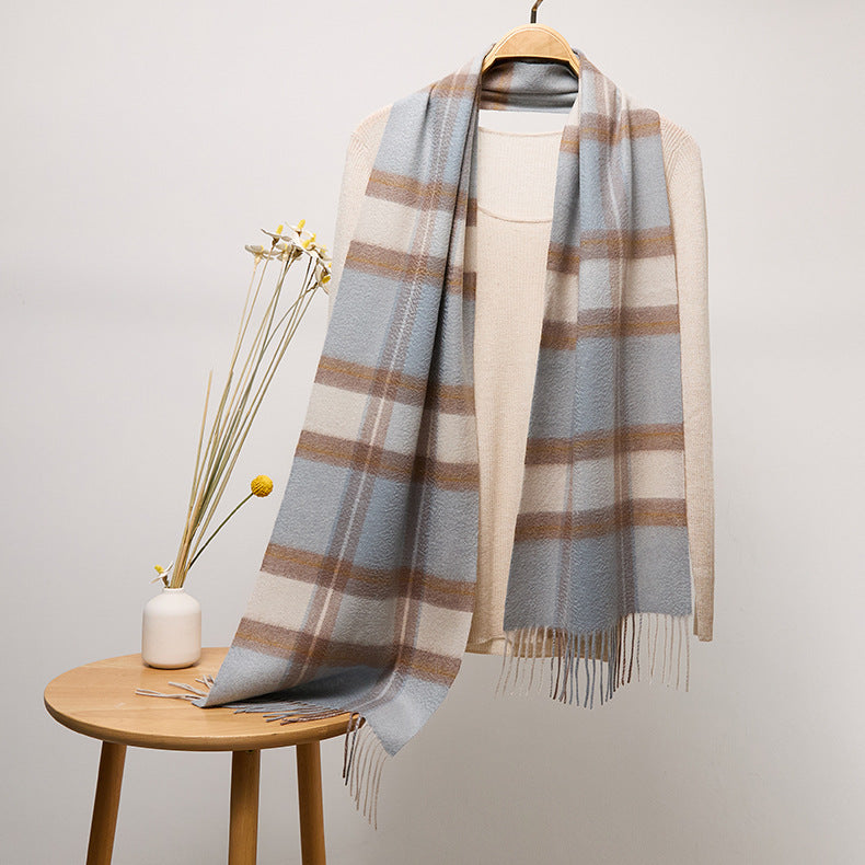 Long Plaid Pure Cashmere Scarf with Tassels