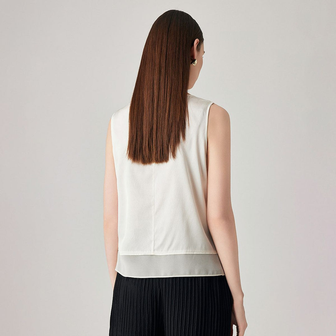 Pure Mulberry Silk Tank Top with Sheer Patchwork Hem Elegant Sleeveless Silk Shell Blouse