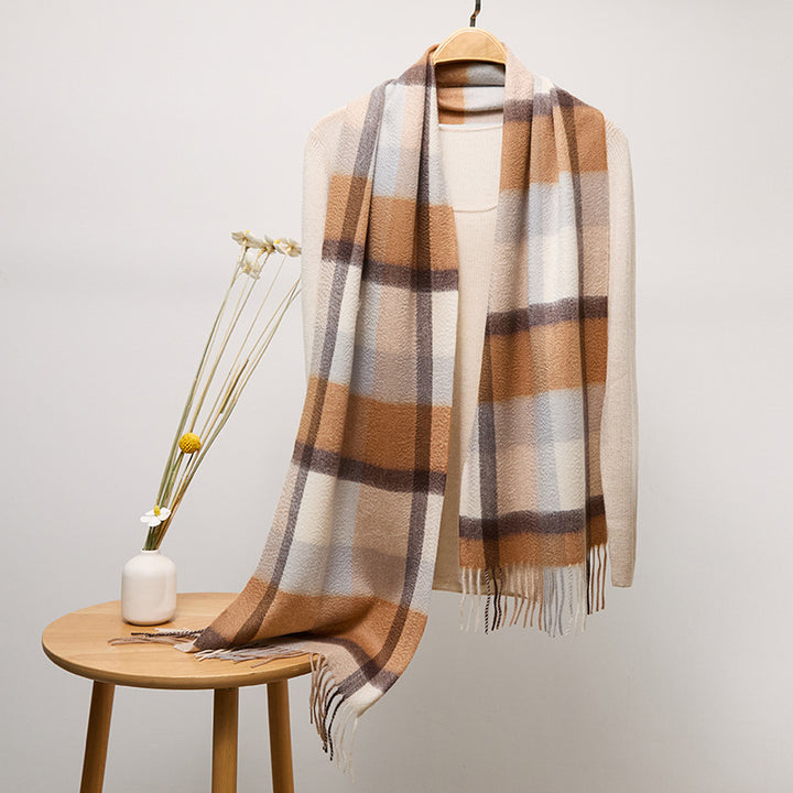 Long Plaid Pure Cashmere Scarf with Tassels