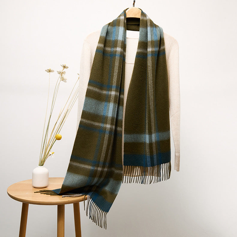 Long Plaid Pure Cashmere Scarf with Tassels