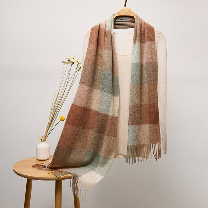 Long Plaid Pure Cashmere Scarf with Tassels