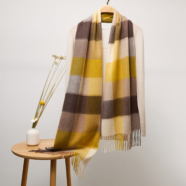 Long Plaid Pure Cashmere Scarf with Tassels