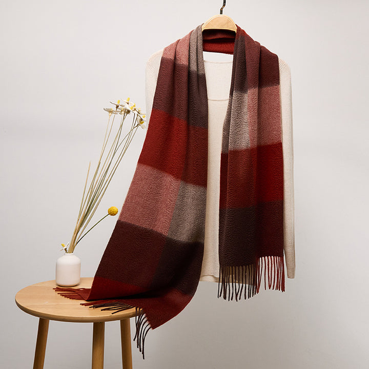 Long Plaid Pure Cashmere Scarf with Tassels