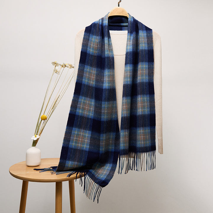 Long Plaid Pure Cashmere Scarf with Tassels