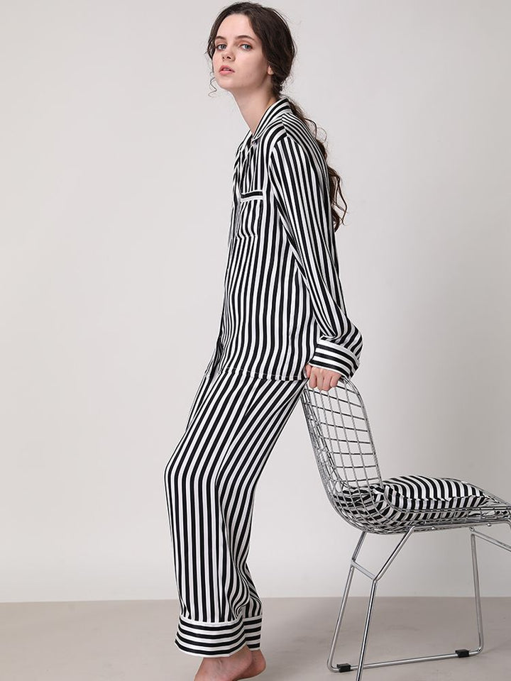 19 Momme 100% Silk Striped Printed Long Pajama Set for Women