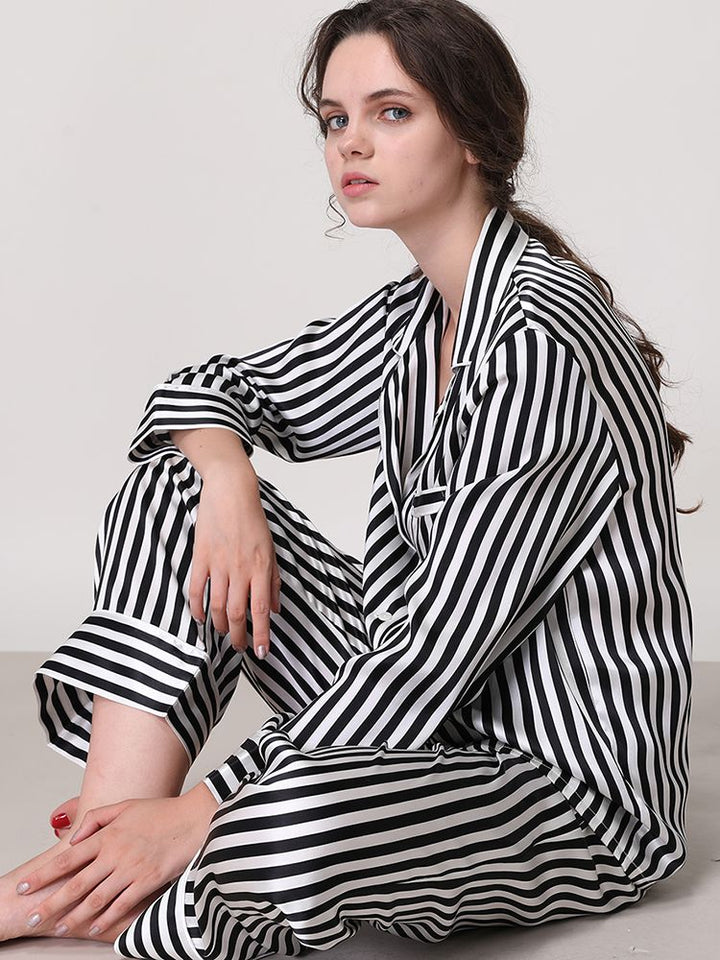 19 Momme 100% Silk Striped Printed Long Pajama Set for Women