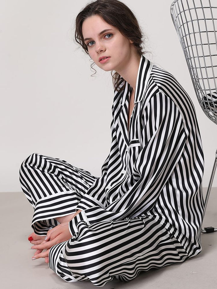 19 Momme 100% Silk Striped Printed Long Pajama Set for Women