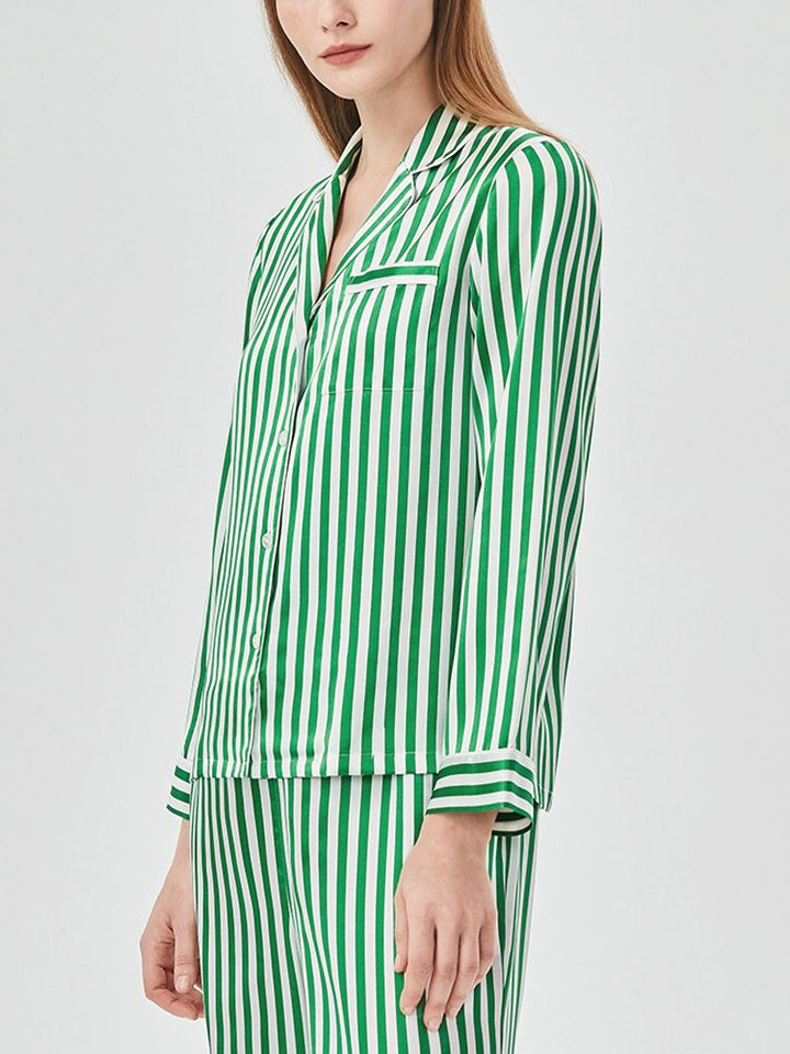 19 Momme 100% Silk Striped Printed Long Pajama Set for Women
