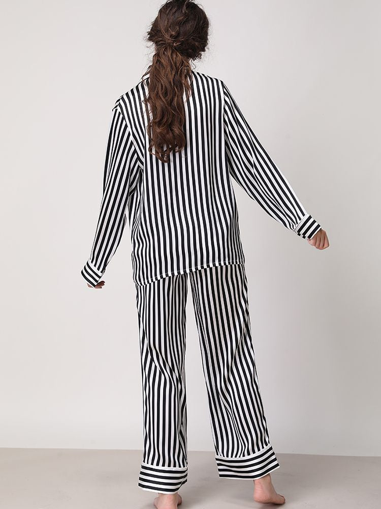 19 Momme 100% Silk Striped Printed Long Pajama Set for Women