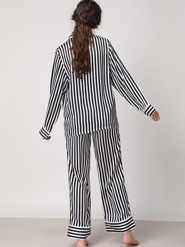 19 Momme 100% Silk Striped Printed Long Pajama Set for Women