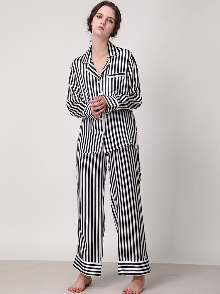 19 Momme 100% Silk Striped Printed Long Pajama Set for Women