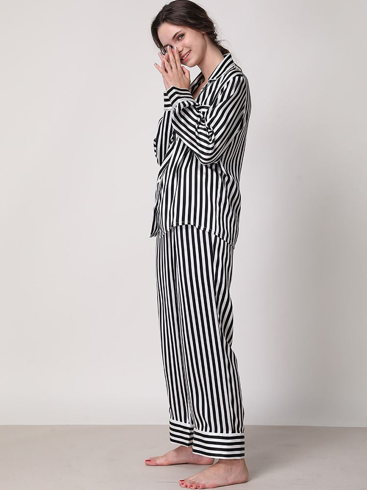 19 Momme 100% Silk Striped Printed Long Pajama Set for Women