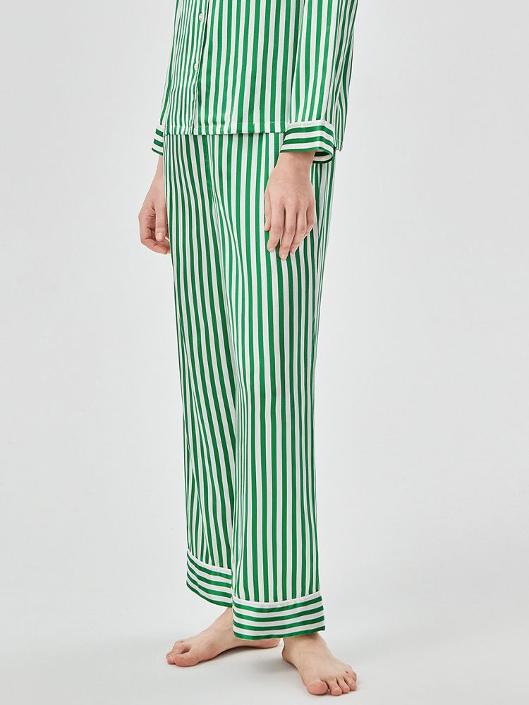 19 Momme 100% Silk Striped Printed Long Pajama Set for Women