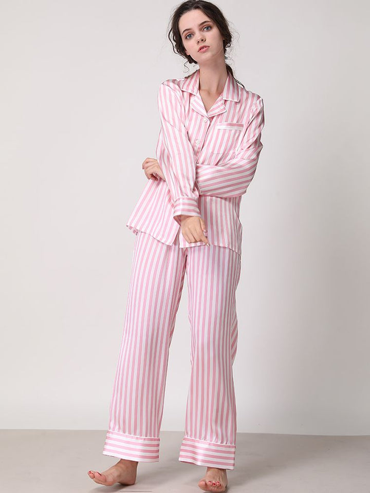 19 Momme 100% Silk Striped Printed Long Pajama Set for Women