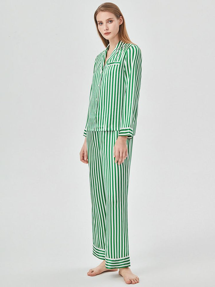 19 Momme 100% Silk Striped Printed Long Pajama Set for Women