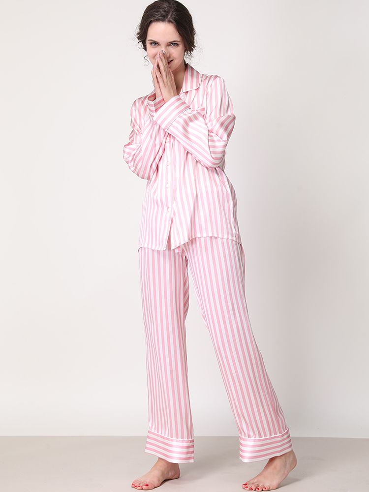 19 Momme 100% Silk Striped Printed Long Pajama Set for Women