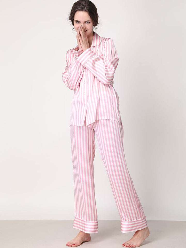 19 Momme 100% Silk Striped Printed Long Pajama Set for Women