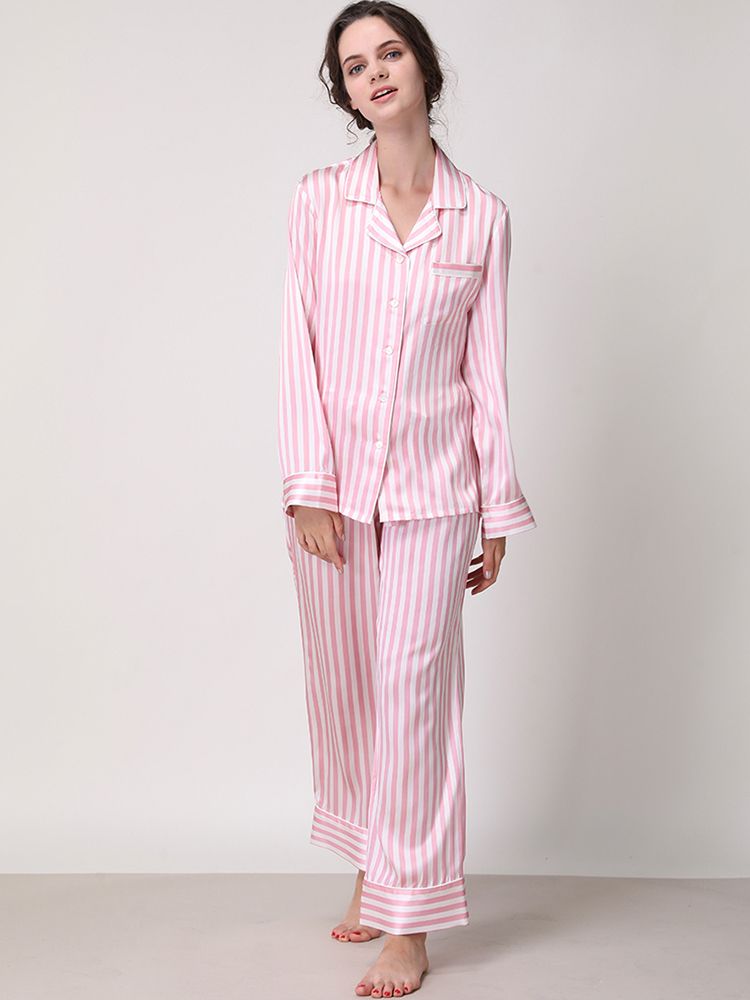 19 Momme 100% Silk Striped Printed Long Pajama Set for Women