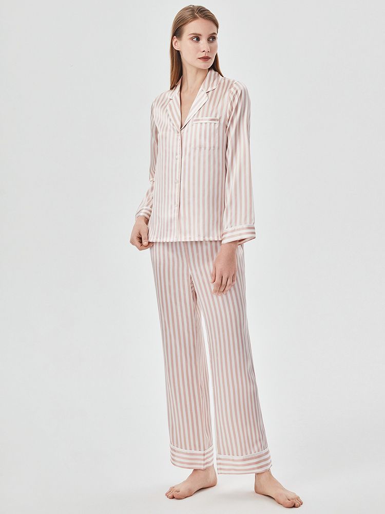 19 Momme 100% Silk Striped Printed Long Pajama Set for Women