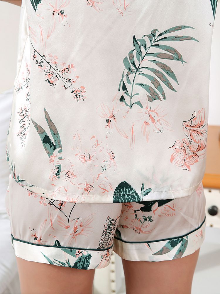 19 Momme Beige 100% Silk Pajama Shorts Set with Leaves and Floral Prints