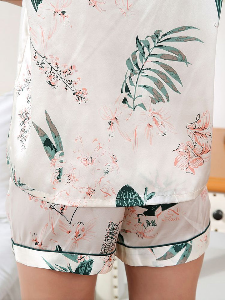 19 Momme Beige 100% Silk Pajama Shorts Set with Leaves and Floral Prints
