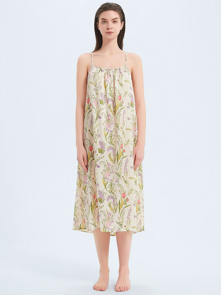 19 Momme Beige Floral Relaxed Mulberry Silk Slip Nightgown