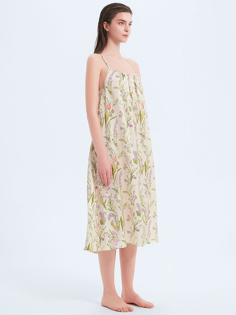 19 Momme Beige Floral Relaxed Mulberry Silk Slip Nightgown