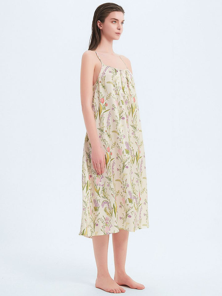 19 Momme Beige Floral Relaxed Mulberry Silk Slip Nightgown
