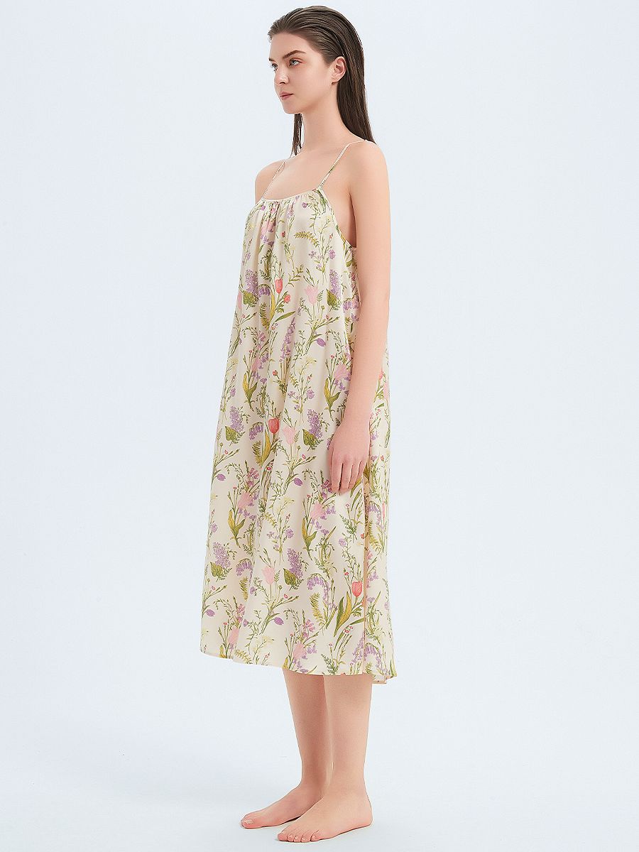 19 Momme Beige Floral Relaxed Mulberry Silk Slip Nightgown