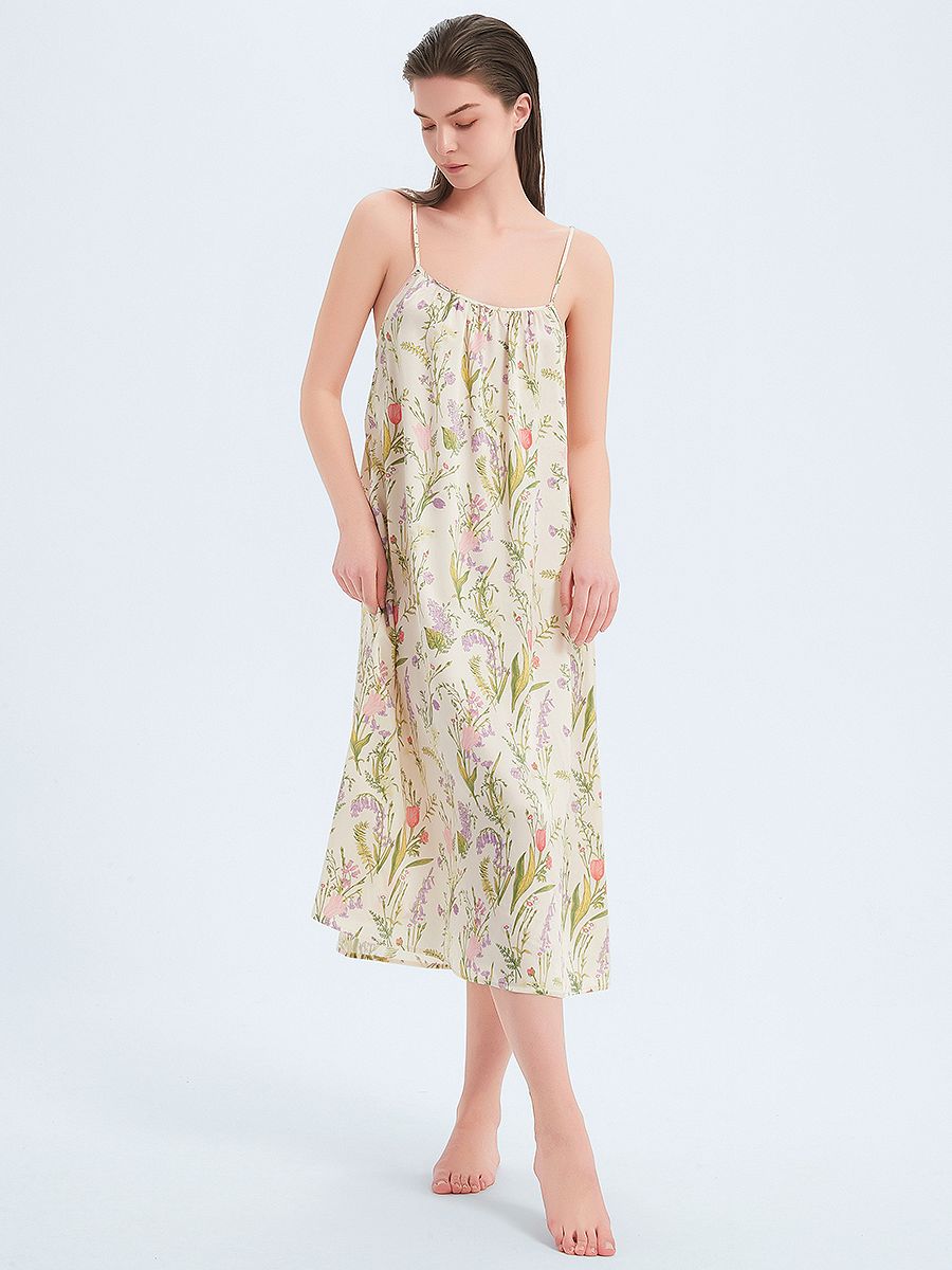 19 Momme Beige Floral Relaxed Mulberry Silk Slip Nightgown