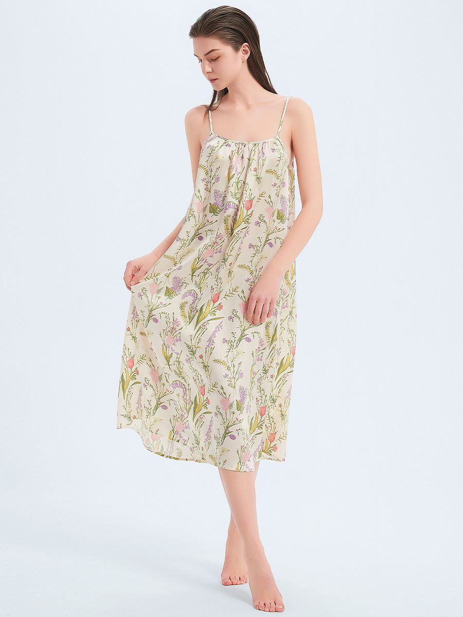 19 Momme Beige Floral Relaxed Mulberry Silk Slip Nightgown
