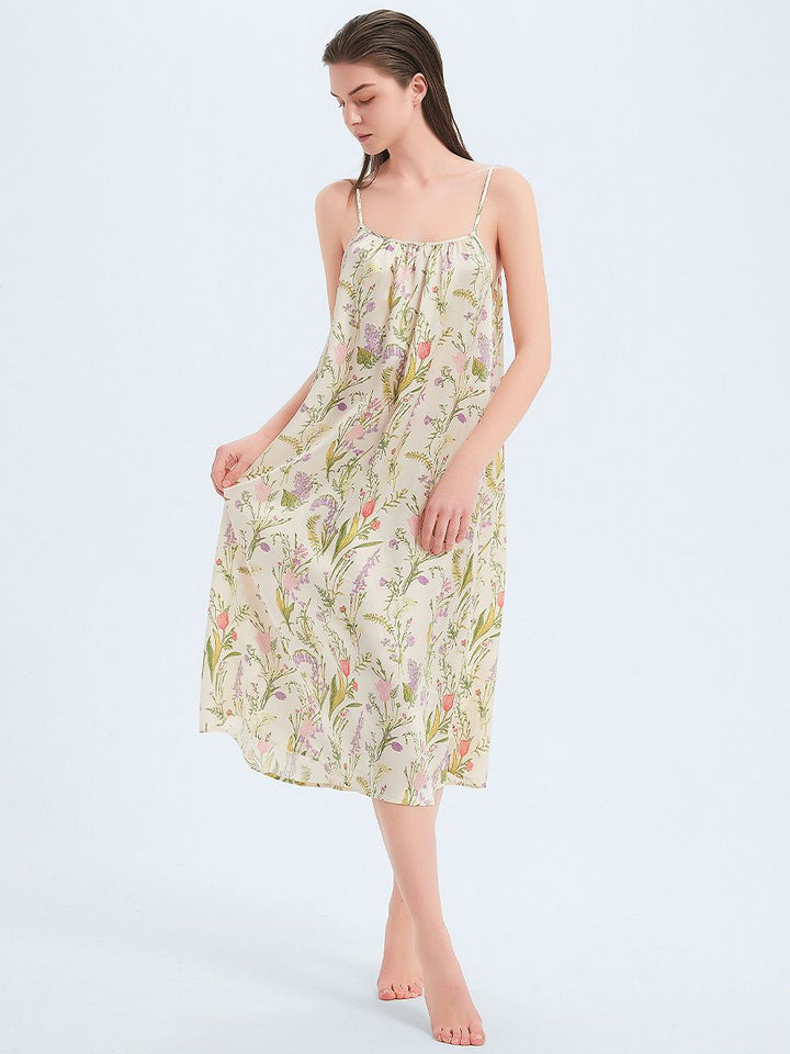 19 Momme Beige Floral Relaxed Mulberry Silk Slip Nightgown