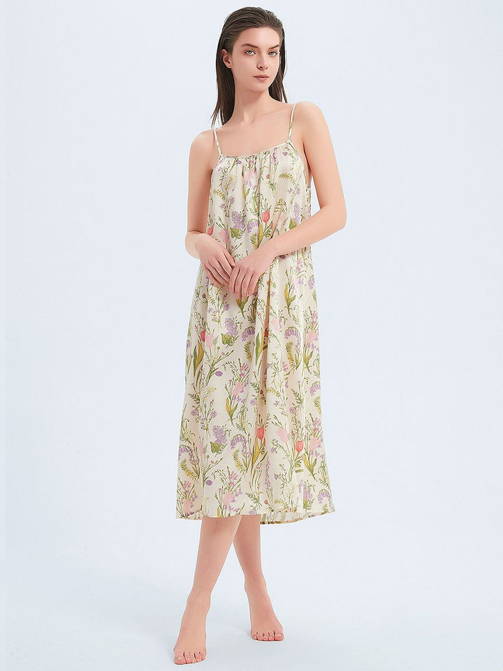 19 Momme Beige Floral Relaxed Mulberry Silk Slip Nightgown