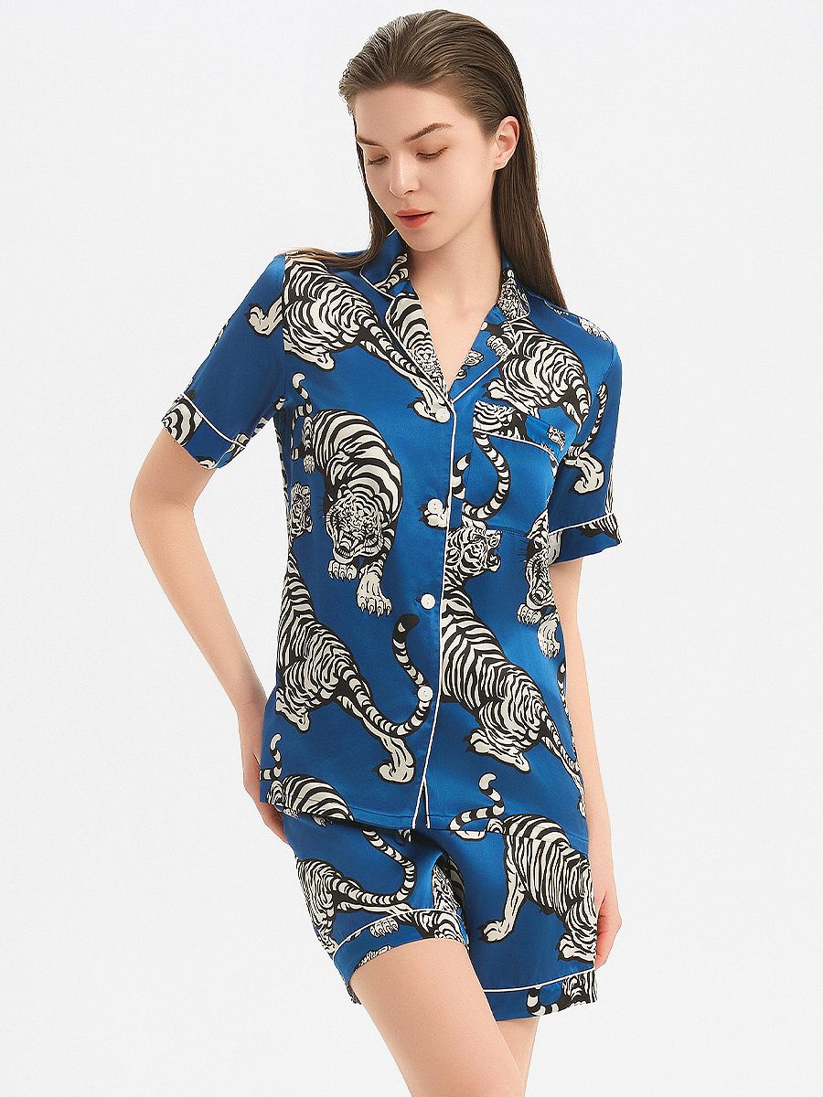19 Momme Blue 100% Silk Pajama Shorts Set with Tigers Prints