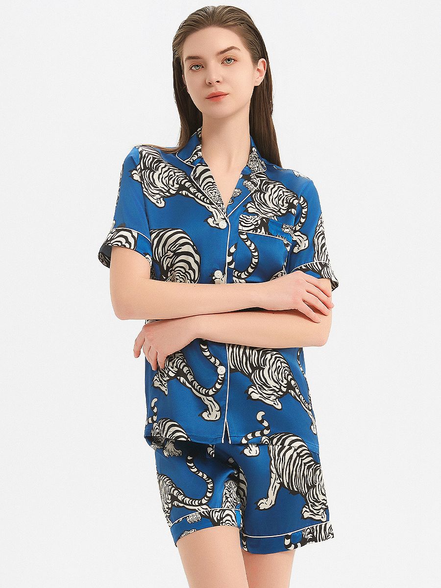 19 Momme Blue 100% Silk Pajama Shorts Set with Tigers Prints