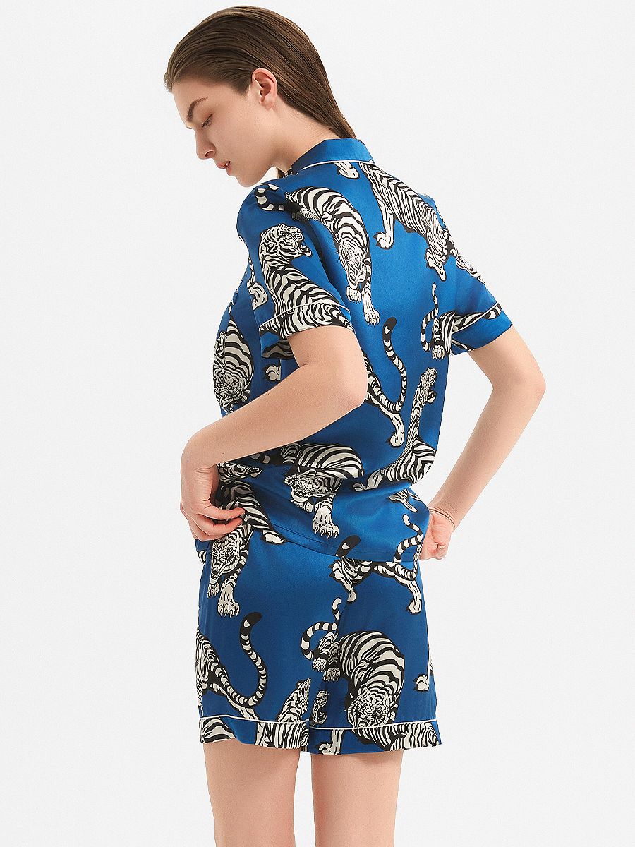 19 Momme Blue 100% Silk Pajama Shorts Set with Tigers Prints