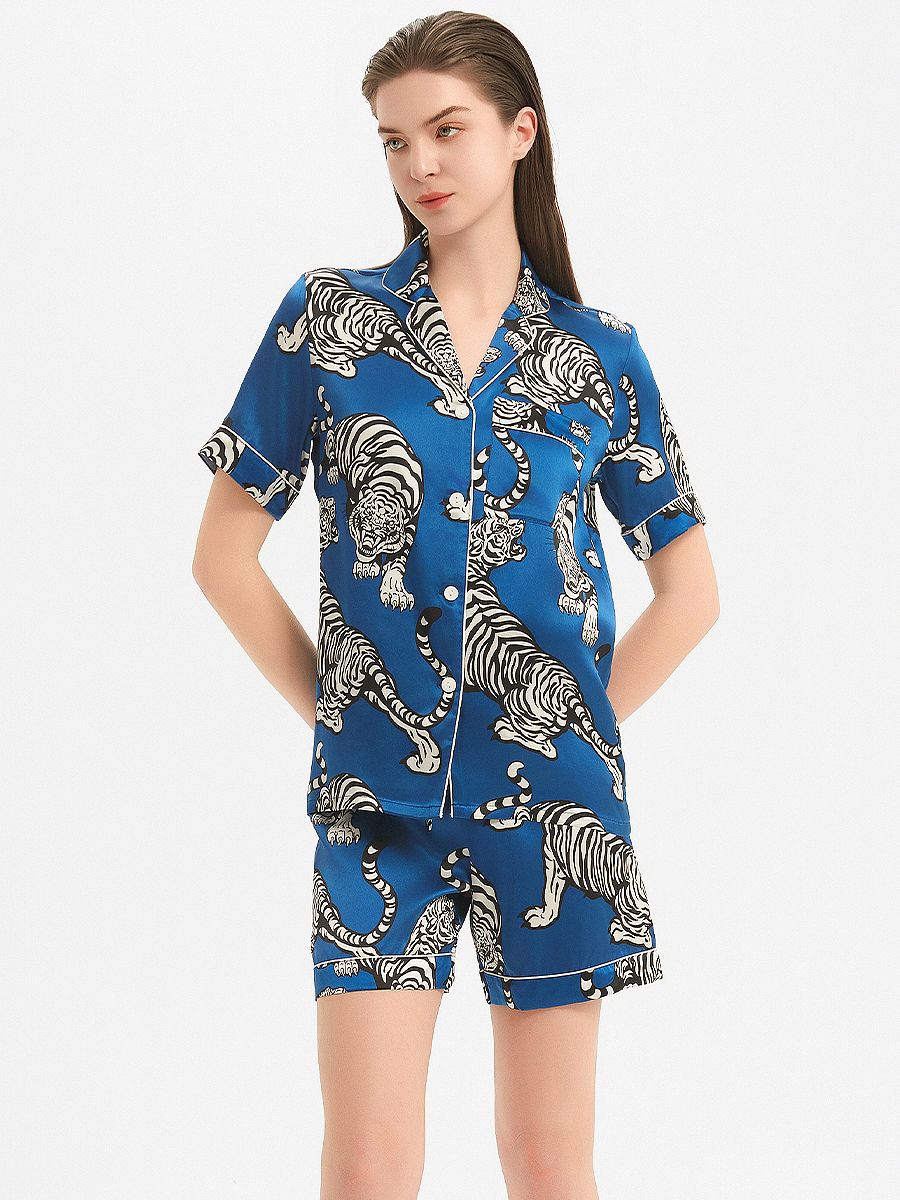 19 Momme Blue 100% Silk Pajama Shorts Set with Tigers Prints