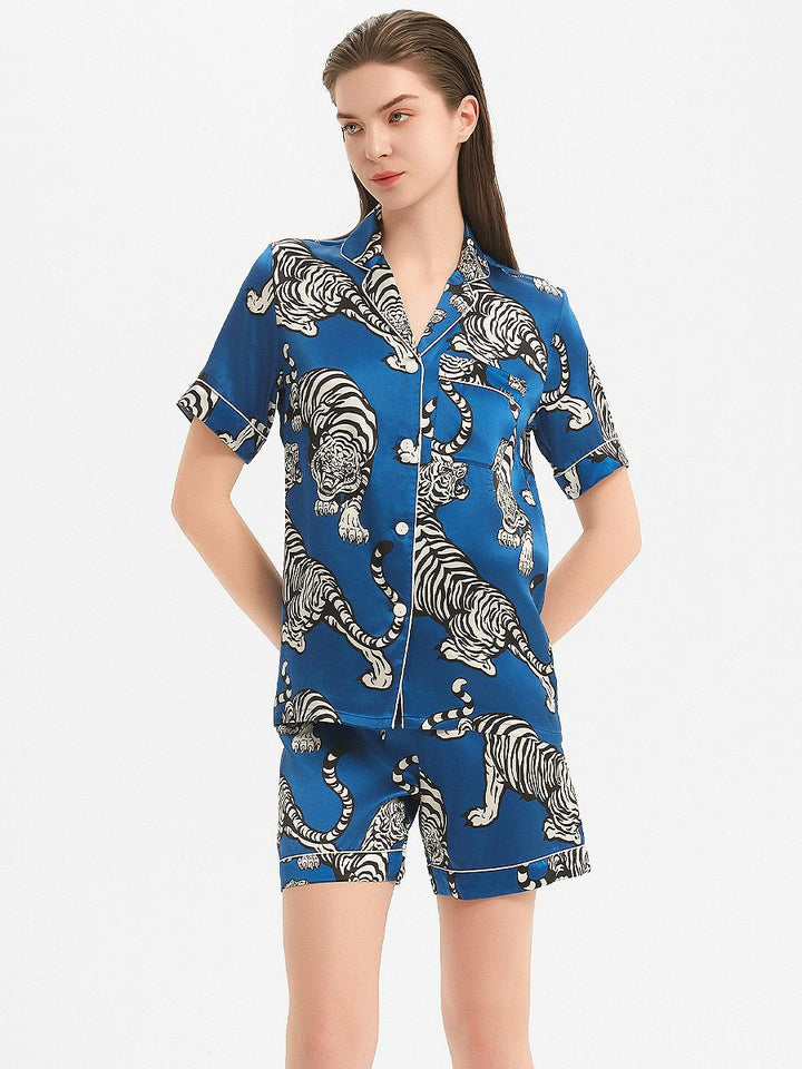 19 Momme Blue 100% Silk Pajama Shorts Set with Tigers Prints