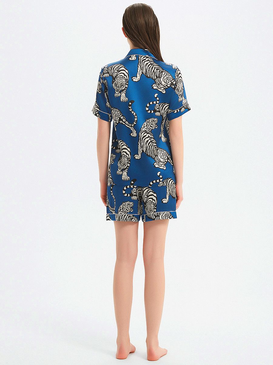 19 Momme Blue 100% Silk Pajama Shorts Set with Tigers Prints